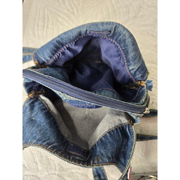 FLR PWR Upcycled Denim Jeans hippie Flower crochet gingham shoulder bag blue red - Picture 9 of 15
